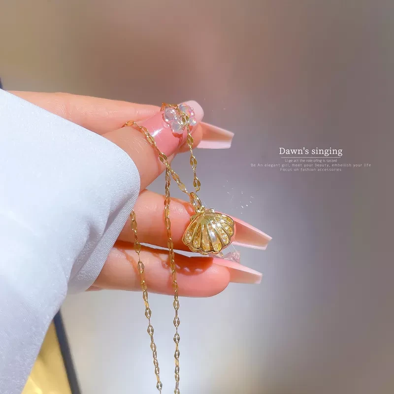 High quality 18k gold plated bling zircon shell pearl necklace N928 Images